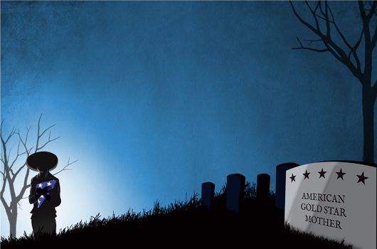 Illustration of Gold Star Mother standing near grave markers for OCF story